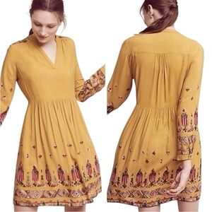 Anthropologie Floreat Raella Yellow Gold Embroidered Long Sleeve Mini Dress - S